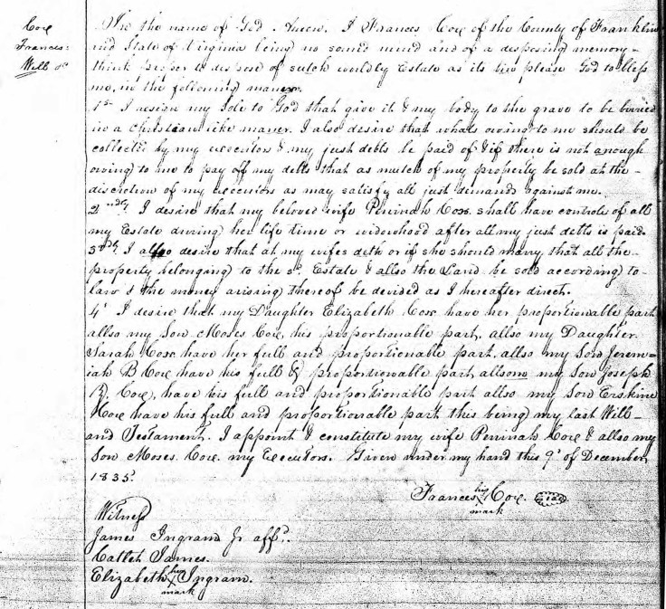 Will Book 4, page 383, Franklin County, Virginia